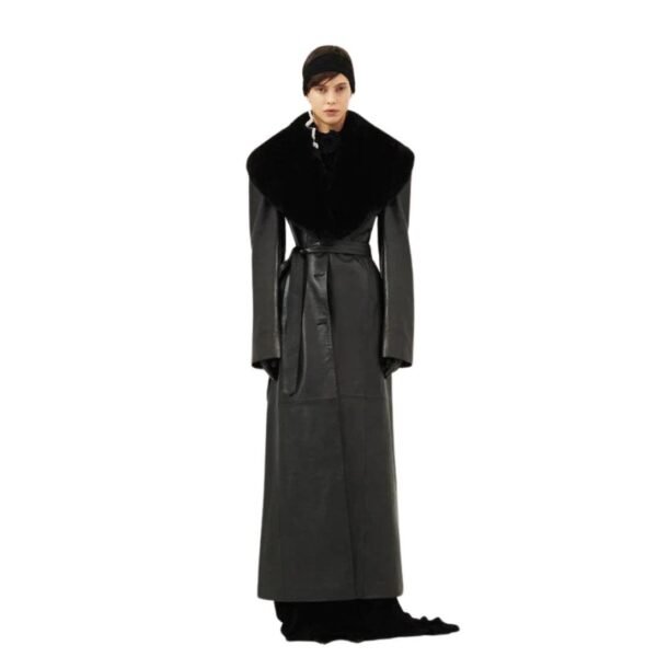 MAGDA BUTRYM LONG FAUX FUR TRIM BELTED LEATHER COAT IN BLACK - Image 5