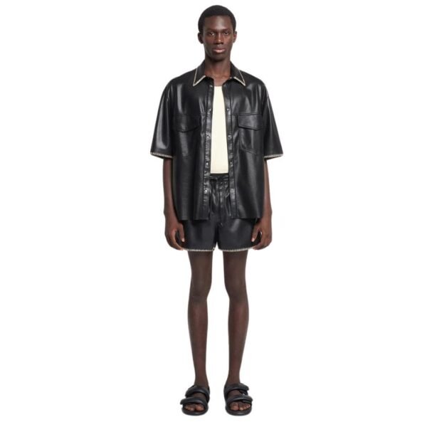 NANUSHKA AMIL RAFFIA-TRIMMED OKOBOR ALT LEATHER SHORTS BLACK - Image 3