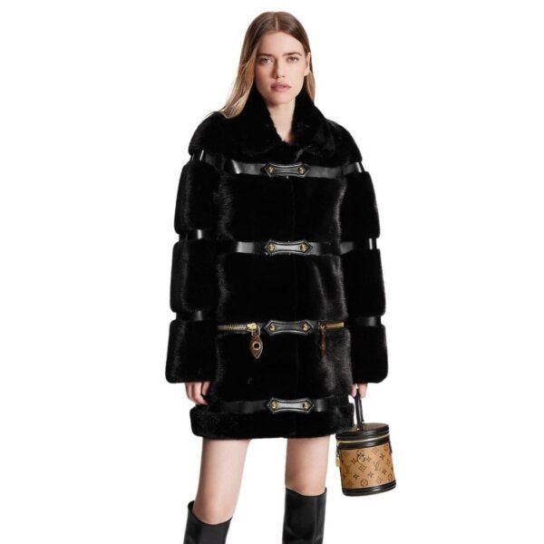 LOUIS VUITTON LEATHER STRIP BLACK MINK COAT - Image 2