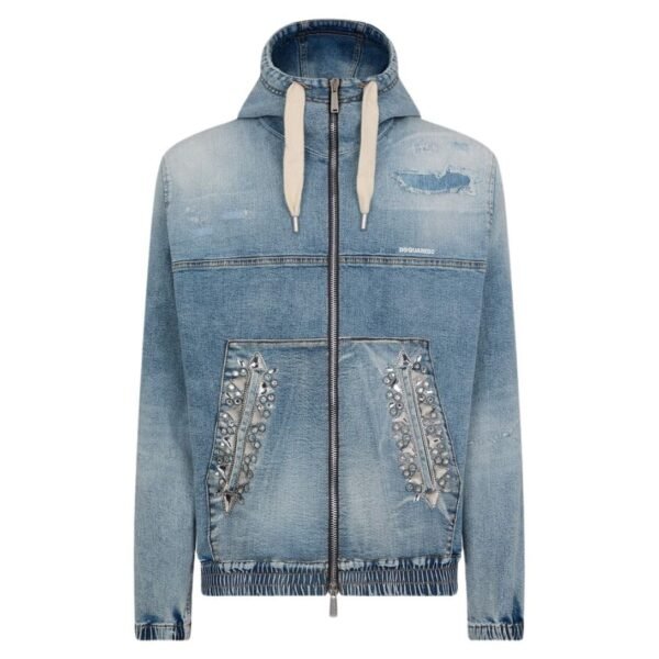 DSQUARED2 LIGHT SUPER SOFT WASH DENIM DIAMONDS HOODIE JACKET