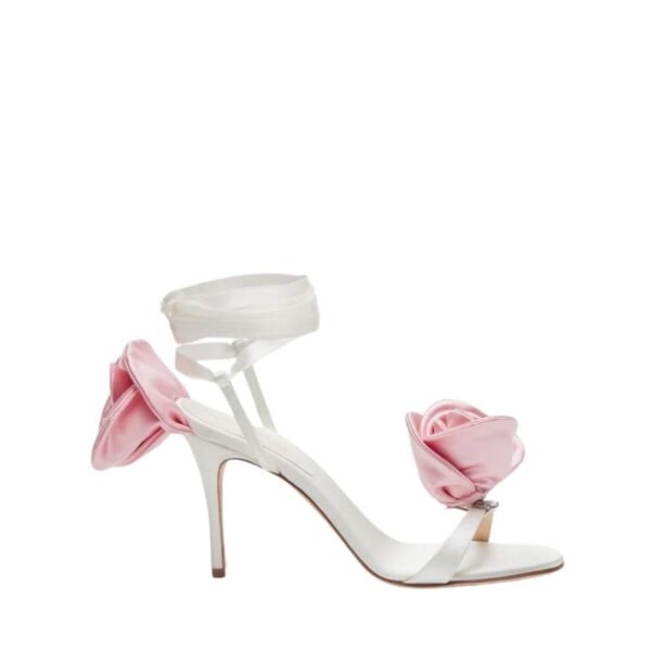 MAGDA BUTRYM PINK FLOWER WRAP AROUND CREAM SATIN HEEL SANDALS