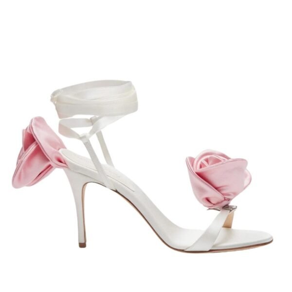 MAGDA BUTRYM PINK FLOWER WRAP AROUND CREAM SATIN HEEL SANDALS - Image 2