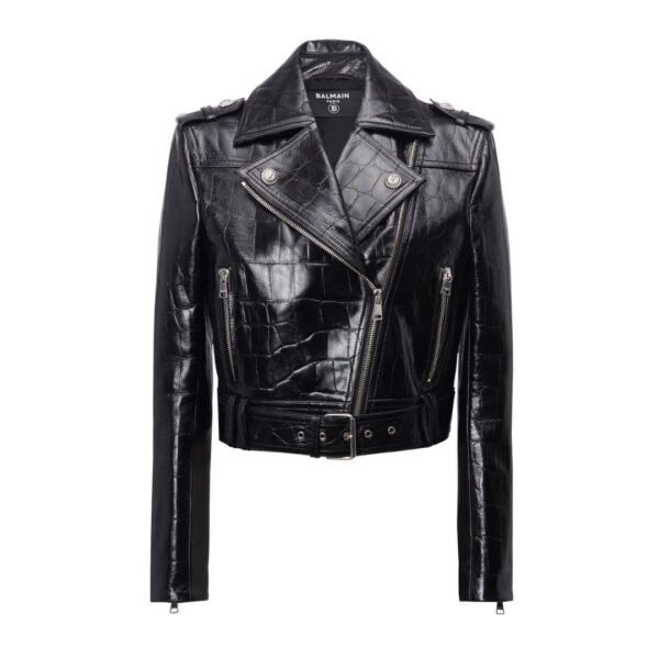 BALMAIN CROCODILE EFFECT LEATHER BIKER JACKET