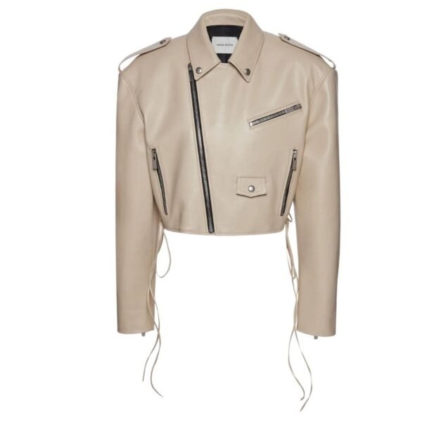 MAGDA BUTRYM CROPPED LEATHER BIKER JACKET IN BEIGE