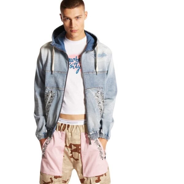 DSQUARED2 LIGHT SUPER SOFT WASH DENIM DIAMONDS HOODIE JACKET - Image 5