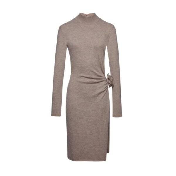 MAGDA BUTRYM HIGH NECK KNIT MIDI DRESS IN BEIGE