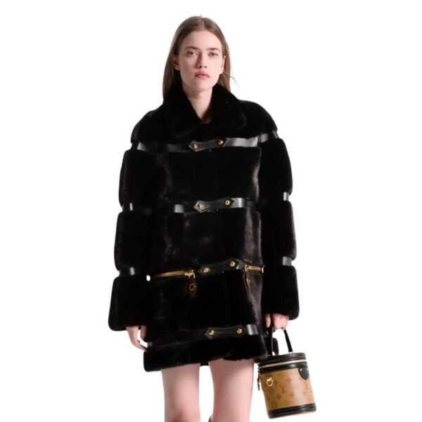 LOUIS VUITTON LEATHER STRIP BLACK MINK COAT - Image 5