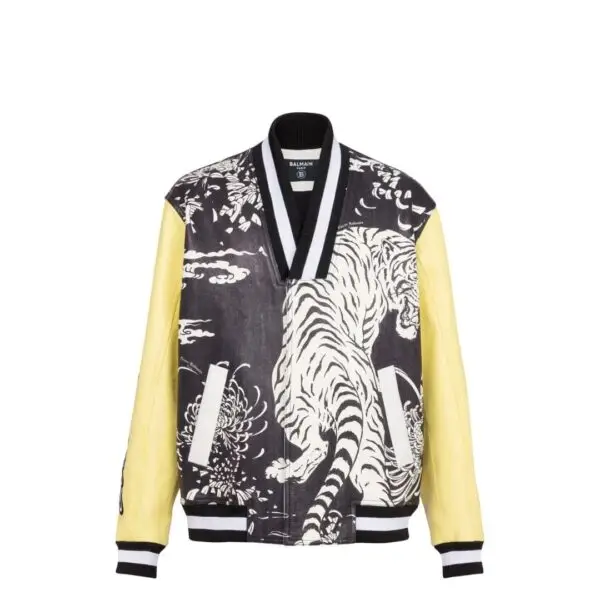  BALMAIN LEATHER VARSITY JACKET WITH TIGER PRINT