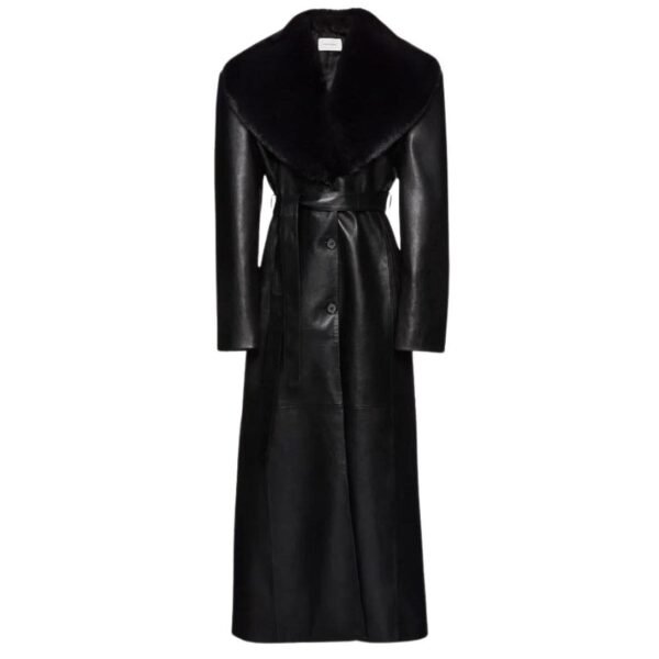 MAGDA BUTRYM LONG FAUX FUR TRIM BELTED LEATHER COAT IN BLACK