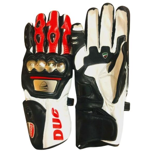 DUCATI MOTORBIKE RACING LEATHER GLOVES BLACK, WHITE & RED - Image 2