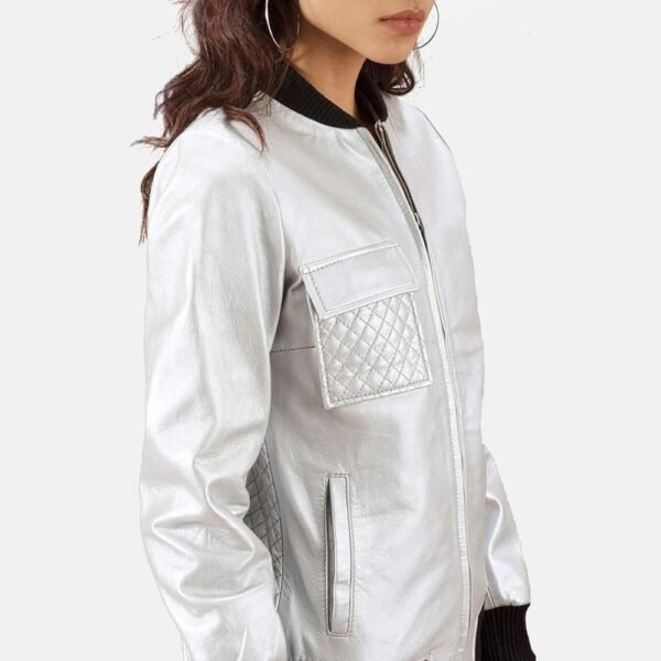 Lana Silver Leather Bomber Jacket - Image 3