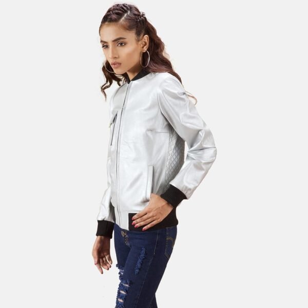 Lana Silver Leather Bomber Jacket - Image 4