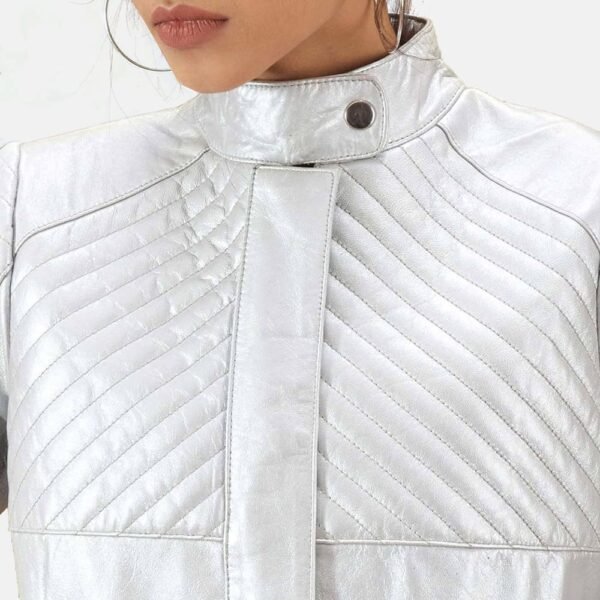 Ice Maiden Silver Quilted Leather Biker Jacket - Image 4