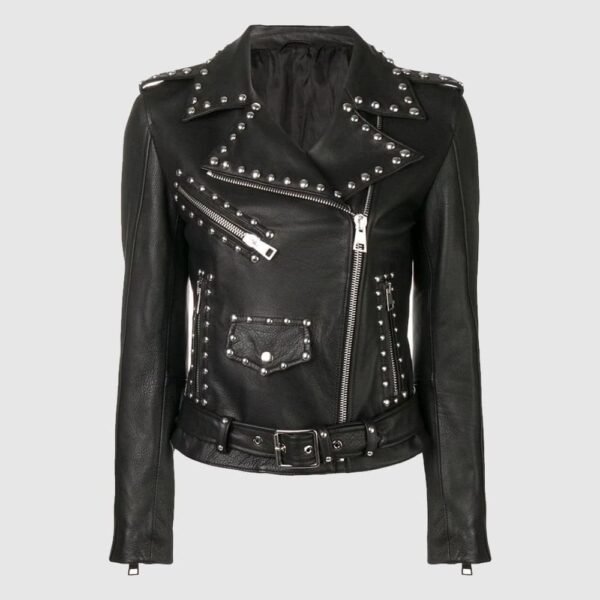 Women Silver Studded Leather Jacket Spiked Silver Color Studs