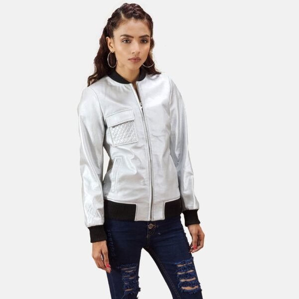 Lana Silver Leather Bomber Jacket - Image 6