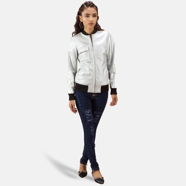 Lana Silver Leather Bomber Jacket - Image 7