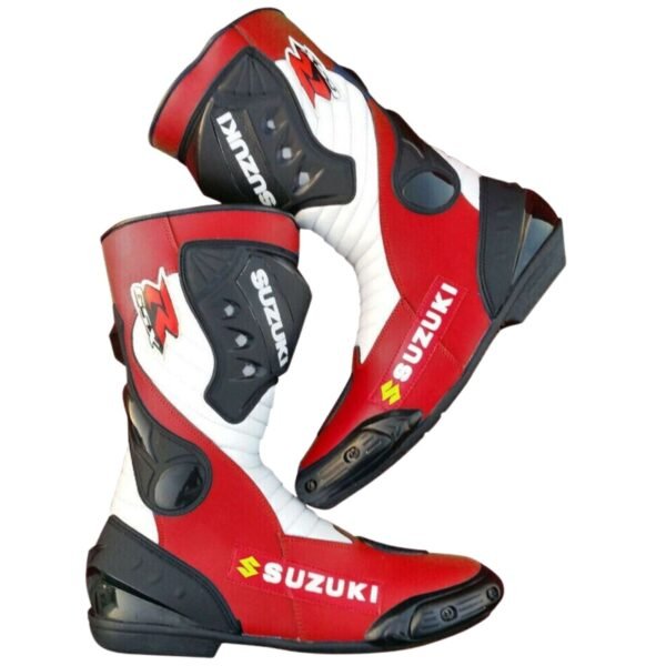 SUZUKI MOTORCYCLE LEATHER BOOTS WHITE & RED