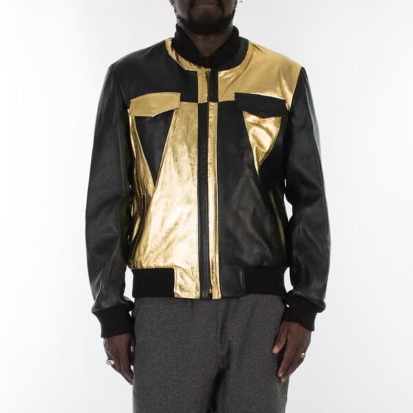 Black & Metallic Gold Bomber leather jacket - Image 6