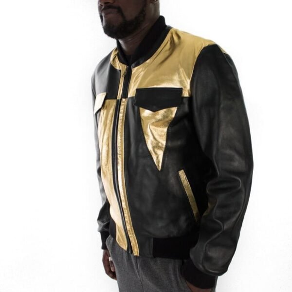 Black & Metallic Gold Bomber leather jacket - Image 3