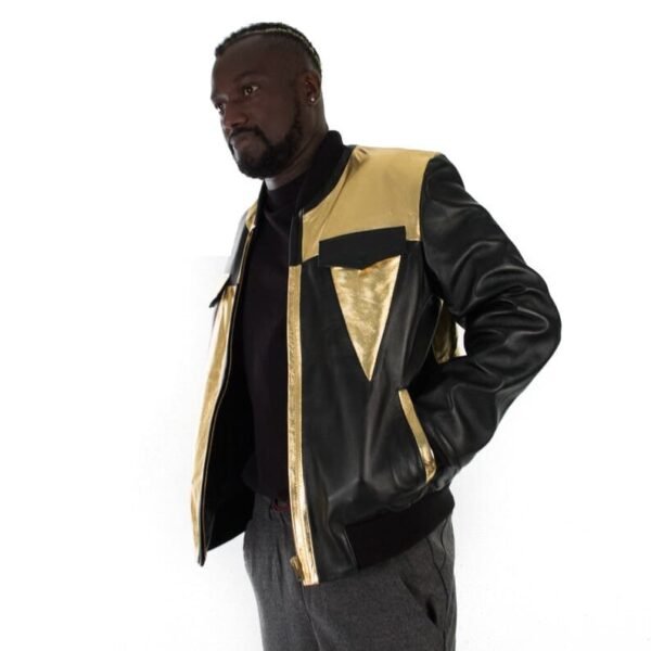 Black & Metallic Gold Bomber leather jacket - Image 2